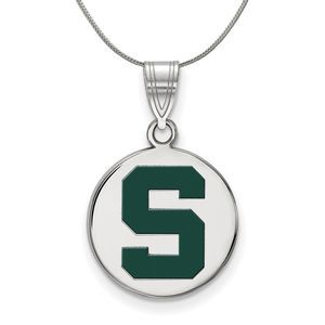 Sterling Silver Michigan State Medium Enamel 'S' Disc Necklace - 18 In